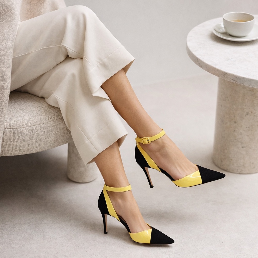 Gianvito Rossi Colorblock Heels Black Suede Yellow Patent D’Orsay PumpsEU37Italy